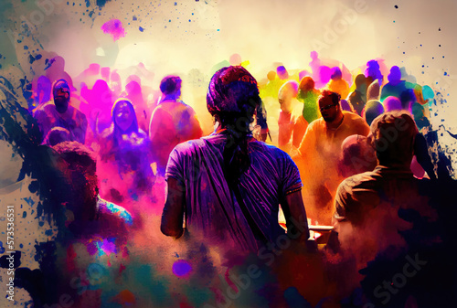 Holi festival the festival of colors with crowd people and colorful powder in the Indian town. Generative AI