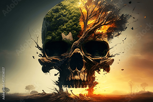 Skull in the sky represent impact of human evolution, generative AI