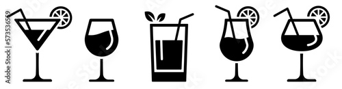 Cocktails set. Alcoholic cocktails icons. Martini cocktail. Set includes martini, mojito, whiskey, wine. Drink glass sign. Icons set for restaurant, pub, bar. Vector illustration