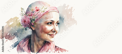 Caucasian woman with a pink headscarf watercolor painting banner created using Generative AI. Cancer concept. photo