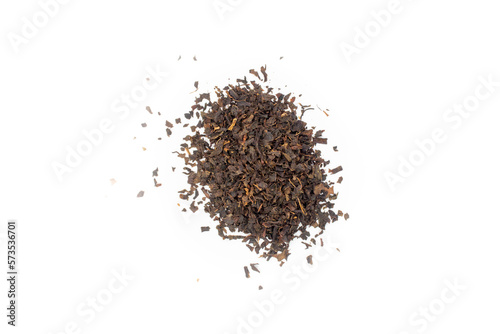 Pile of dried Turkish tea isolated on a white background. Top view, flat lay.