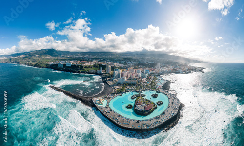 Panoramic aerial view of the city of Puerto de La Cruz in Tenerife on a sunny day