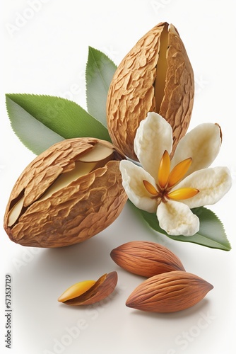 Almonds on white background. Healthy food concept generative ai