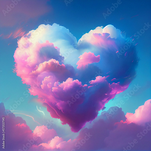 Tender rainbow colors watercolor. Fluffy Heart Cloud. White, Blue, Pink and Purple Color. Concept Design for Valentines Day Postcard, Banner, Leaflets. Realistic 