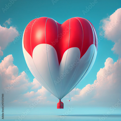 Heart shaped hot air balloons soar in the air among clouds, a romantic atmosphere. Cartoon illustration with lettering for Saint Valentine day or Mother day. Wedding card.