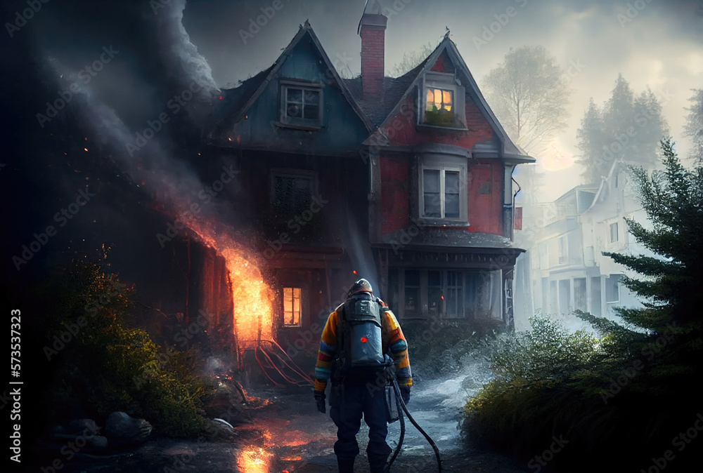 Firefighters are extinguishing a fire that burns down a civilian house ...