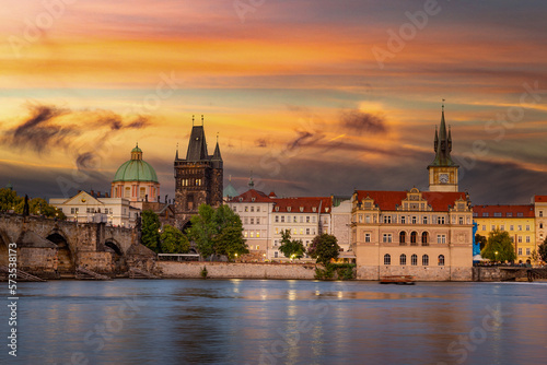 Prague with Old Town Bridge Tower and Charles bridge over Vltava river at sunset  Czechia