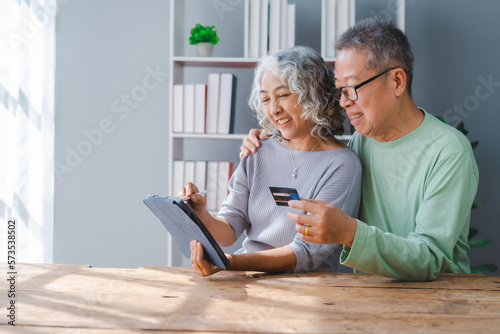 Elderly couple asian people grandfather and grandmother living together in retirement Concept of elderly health and health insurance.