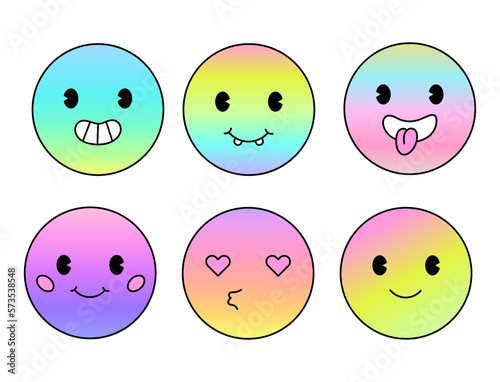 Trendy smile happy stickers with different emotions. Paste gradient colors. Retro cartoon characters. Vector illustration.