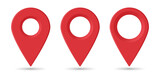 Realistic geolocation icons in red on a white background. A set of three pin-code icons of the geolocation map. Vector EPS 10.