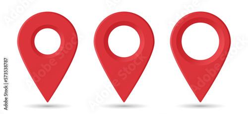 Realistic geolocation icons in red on a white background. A set of three pin-code icons of the geolocation map. Vector EPS 10.