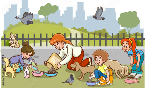 children feeding stray animals cartoon vector photo