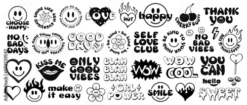 Cool Trendy Smile Stickers Pack. Set Of Groovy Patches Vector Design.. Pop Art Badges.