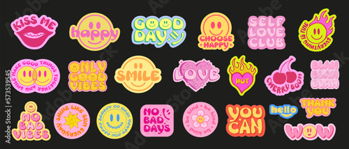 Cool Trendy Smile Stickers Pack. Set Of Groovy Patches Vector Design.. Pop Art Badges.