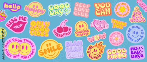 Cool Trendy Smile Stickers Pack. Set Of Groovy Patches Vector Design.. Pop Art Badges.