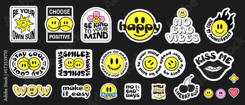 Cool Trendy Smile Stickers Pack. Set Of Groovy Patches Vector Design.. Pop Art Badges.