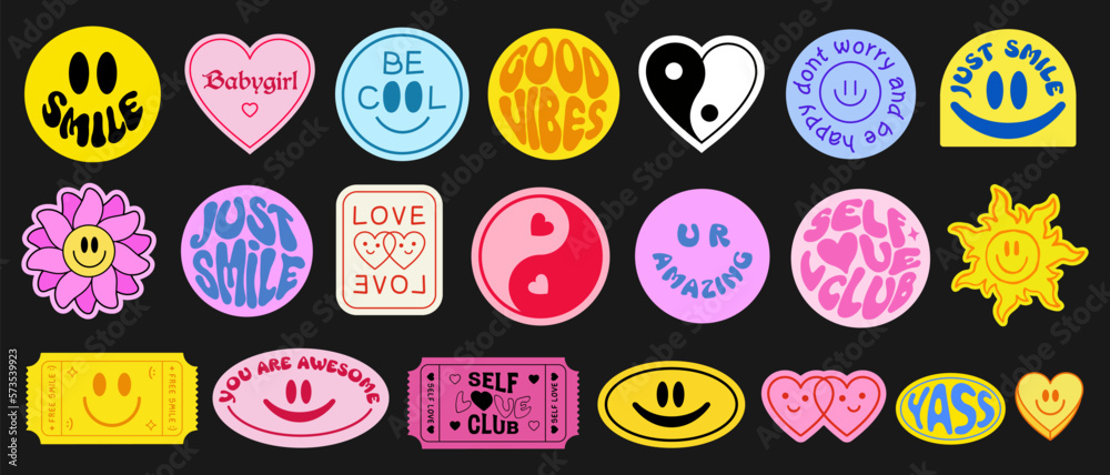 Set Of Cool Smile Pop Art Stickers. Y2K Trendy Patches Vector Design ...