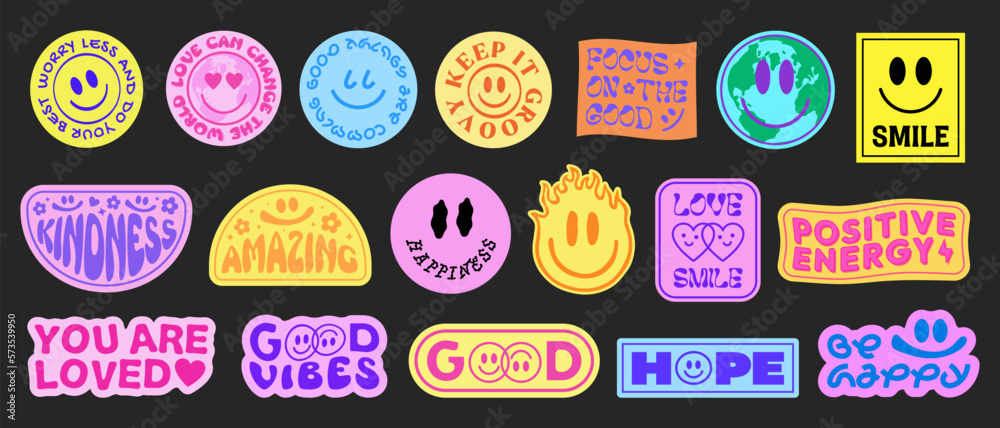Set Of Cool Smile Pop Art Stickers. Y2K Trendy Patches Vector Design. Groovy Badges.