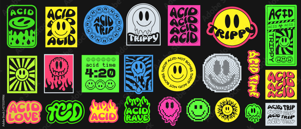 Vecteur Stock Cool Trendy Acid Stickers Collection. Rave Art Pattern.  Trippy Parches Vector Design. Smile Elements. | Adobe Stock
