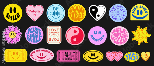 Set Of Cool Smile Pop Art Stickers. Y2K Trendy Patches Vector Design. Groovy Badges.