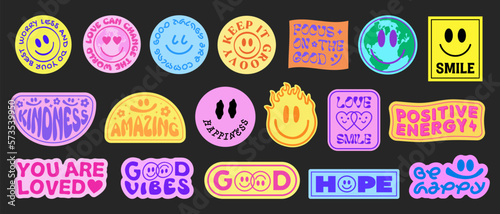 Set Of Cool Smile Pop Art Stickers. Y2K Trendy Patches Vector Design. Groovy Badges.