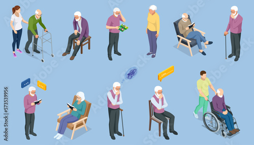 Isometric Elderly care. Elderly, old people, and senior people at home. Aged people. Grandparents, Aged seniors nurse care, Seniors