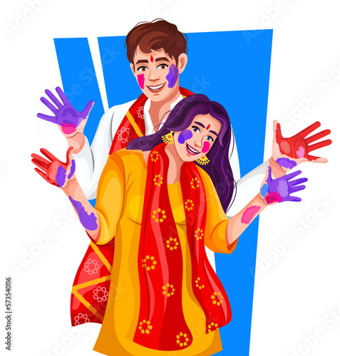 Indian couple celebrating Holi showing their colored hands isolated over white background. Color splash showing colorful or painted palm. Playing Holi on an ethnic costume, vector illustration design.
