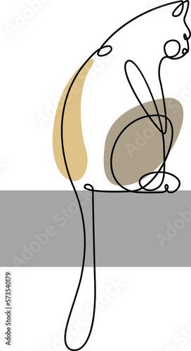 Continuous one line art style with colored shapes. Single line draw of Cat sitting  on shelf, shape. Cat drawing using single one line drawing.  Hand drawn minimalism style PNG illustration