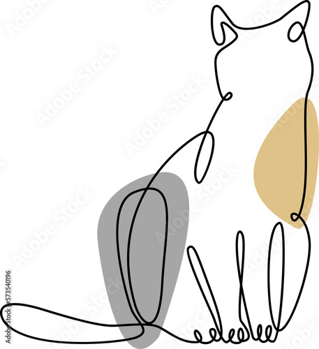 Continuous one line art style with colored shapes. Contour Single line draw of Cat sitting . Cat drawing using single one line drawing.  Hand drawn minimalism style PNG illustration