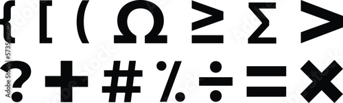 Brackets, Omega, Multiplication, Addition, Subtraction, Hash, Omega, Question Mark and Various Mathematical Symbols.