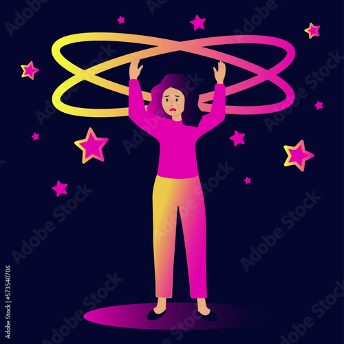 Woman dizziness. Woman drunk headache hangover, faint sick disorganized lady, tired face feel dizzy migraine, cartoon character vector illustration. Stress migraine headache