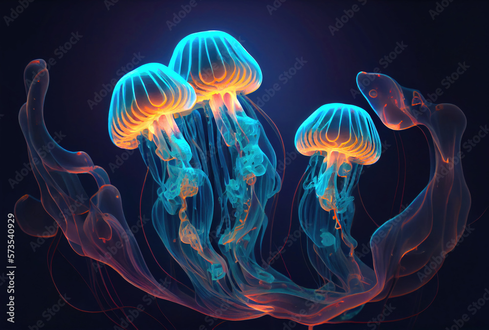 Naklejka premium Medusa Jellyfish with glowing illumination light under the deep sea in the dark background. Marine life and animal concept. Generative AI