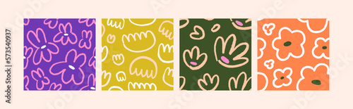 Abstract seamless patterns set, naive flowers repeating print. Floral backgrounds, hand-drawn texture designs in cute doodle kids style. Flat vector illustrations for wrapping, textile, fabric