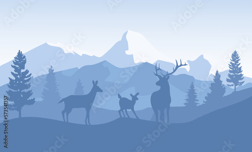 Landscape in silhouette style in blue color. Shades of flowers. Mountain landscape. Animals and plants. Background for screen  page  large format.