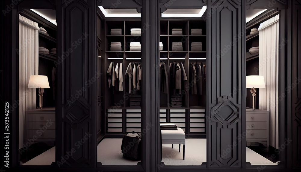 Front view of modern and large wardrobe in dressing room with fashionable clothes wear, shoes and bag Front view of modern and large wardrobe in dressing room with fashionable clothes wear, shoes and bag