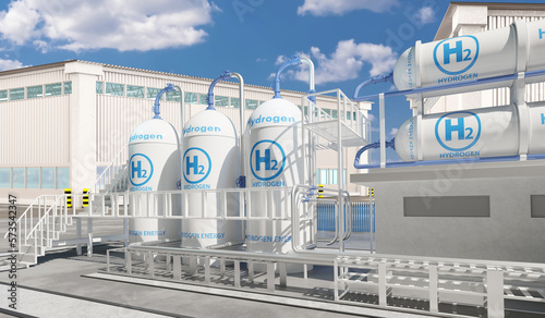 Energy storage system. Hydrogen electrolysis equipment. Electricity from H2. Modern power plant. Equipment for supplying city with energy. Industrial area with hydrogen tanks. 3d rendering.