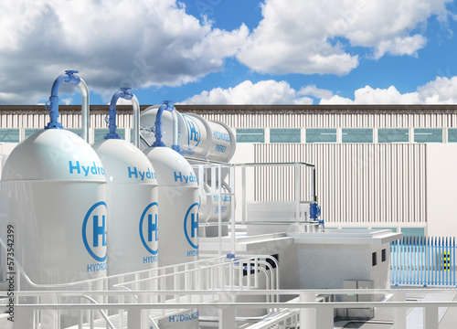 Exterior of hydrogen power plant. Hydrogen Energy Technology. Tankers with H2 under summer sky. Modern power equipment. Sustainable energy model. Factory substation with hydrogen storage. 3d image.