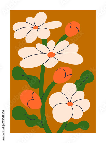 Floral card, poster. Interior wall art, vertical placard with blooming summer field flowers, blossomed meadow plants, leaf, spring buds. Trendy modern botanical background, flat vector illustration