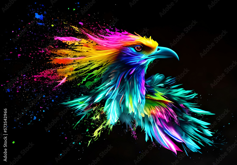 Colorful, splash paint of an Eagle.
AI generated art.