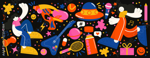 Retro 70s, 80s, 90s hippie stickers, psychedelic acid elements. with emo characters, retro girls. Cartoon funky drinks, flowers, rainbow, vintage hippie style vector elements set.	