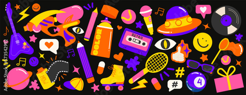 Retro 90s hippie stickers, acid psychedelic groovy elements. Cartoon funky guitar, flowers, vinyl, vintage set of hippie style vector elements.