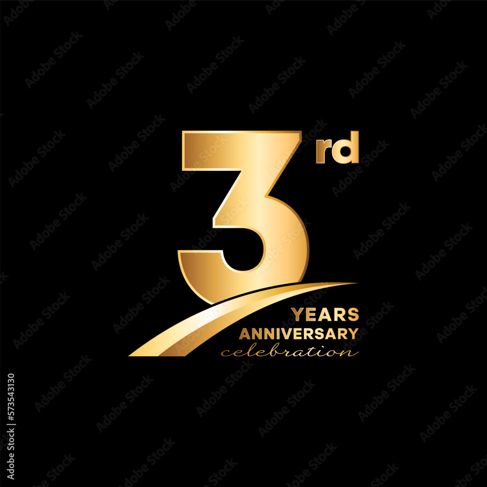 3rd Anniversary. Anniversary logo design with golden number and text for anniversary celebration event, invitation, wedding, greeting card, banner, poster, flyer, brochure. Logo Vector Template 3rd Anniversary. Anniversary logo design with golden number and text for anniversary celebration event, invitation, wedding, greeting card, banner, poster, flyer, brochure. Logo Vector Template