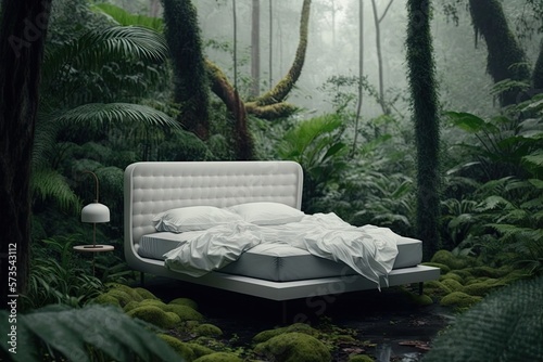 Escape to nature with a cozy bed nestled among the trees, surrounded by the peaceful beauty of the forest. Generative AI photo