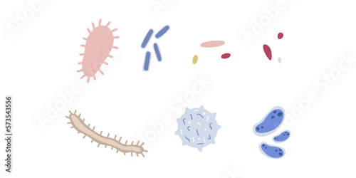 Cute Microorganism isolated on white background. Infectious germ, protist, microbe. Disease causing bacteria, viruses. Bright colored cartoon kids vector illustration.