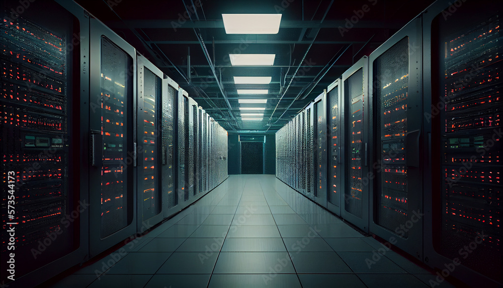 Shot of Modern Data Center With Multiple Rows of Fully Operational Server Racks. Modern High-Tech Telecommunications Database Super Computer in a Room. Shot of Modern Data Center With Multiple Rows of Fully Operational Server Racks. Modern High-Tech Telecommunications Database Super Computer in a Room.