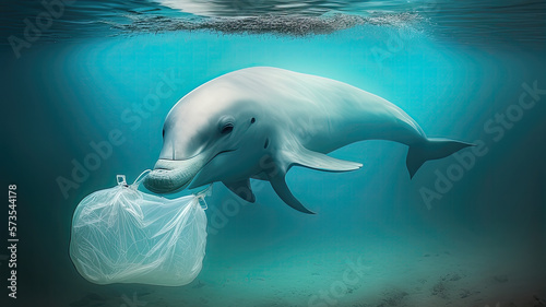 Large dolphin fish stuck in a plastic bag floating, trash in the water in the ocean and on the bottom, eco problems. generative AI