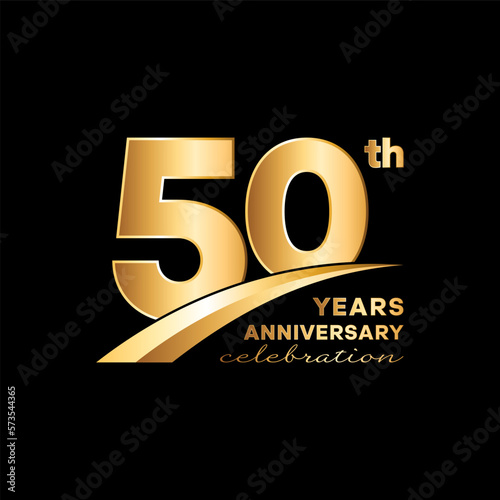 50th Anniversary. Anniversary logo design with golden number and text for anniversary celebration event, invitation, wedding, greeting card, banner, poster, flyer, brochure. Logo Vector Template