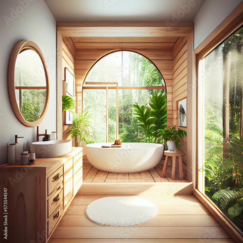 Comfortable bright bathroom with a boho-chic interior design  a free-standing white bath against the background of a panoramic window. hanging decor from dry grass.