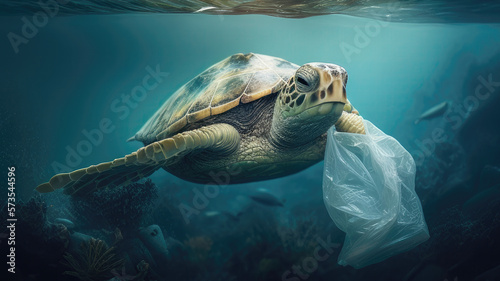 Large sea turtle caretta caretta stuck in a plastic bag floating, trash in the water in the ocean and on the bottom, eco problems. generative AI