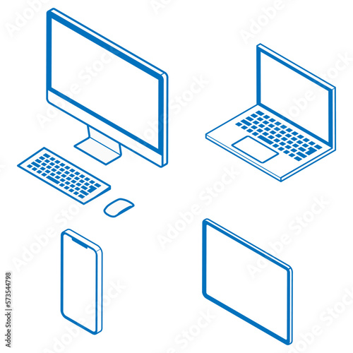Isometric four types communication equipments set, line art - cellphone, desktop pc, laptop, tablet